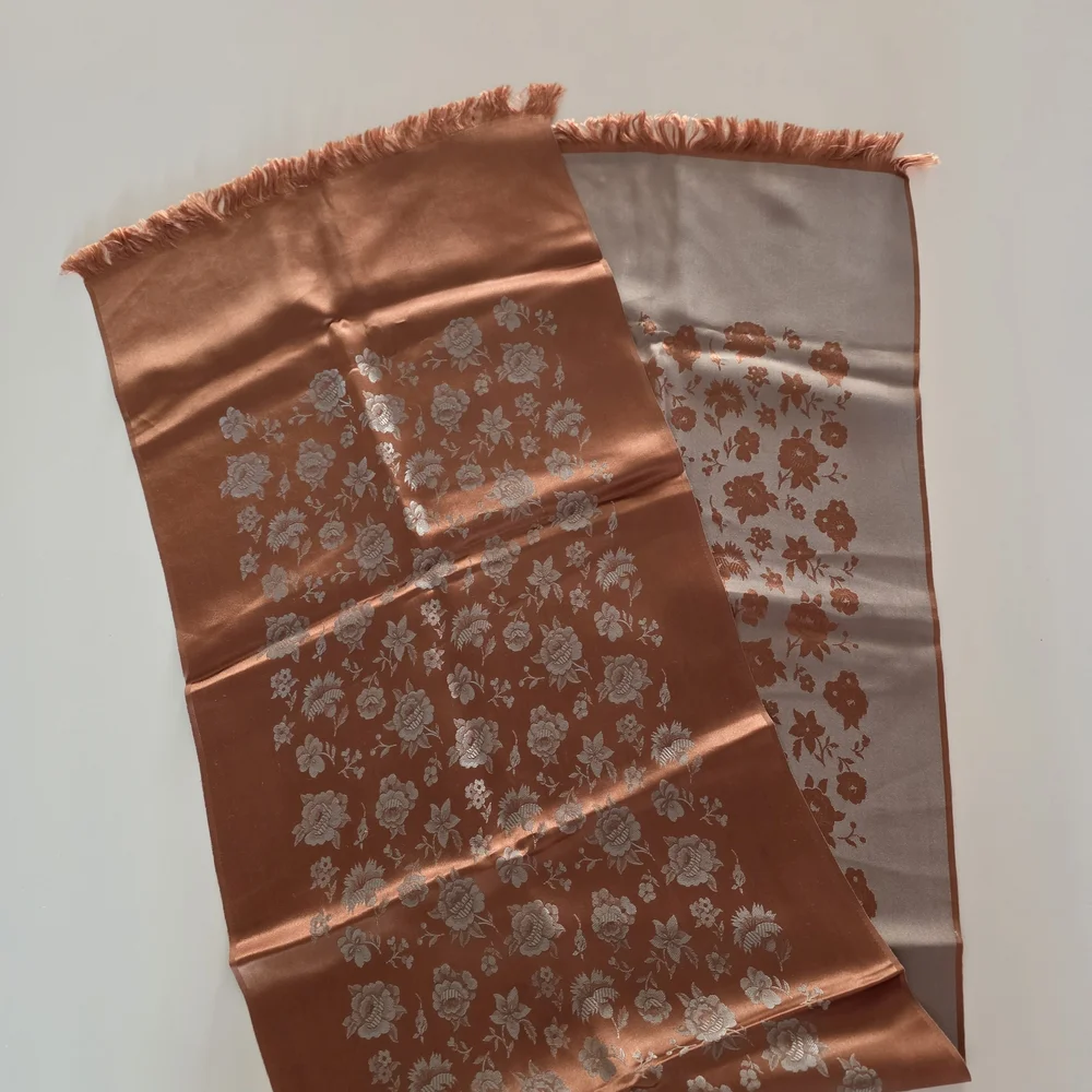 Vintage 70s Silky Woven Floral Scarf Copper Shimmer Boho Chic